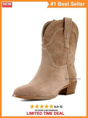 Faux Suede Western Ankle Booties Pointed Toe Chunky Heel Pull On